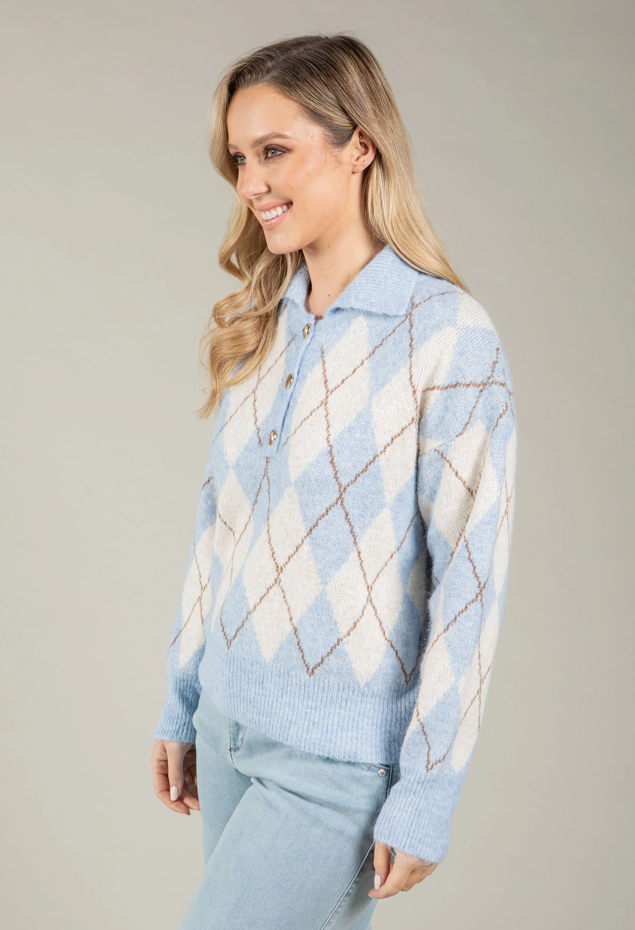 Gold Button Argyle Knit Jumper - Image 3