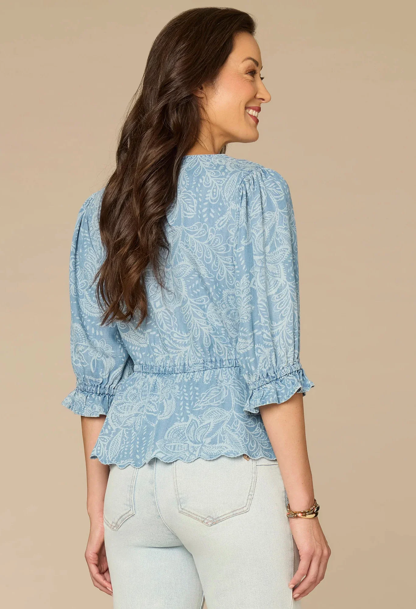 Lantern Sleeve V-Neck Printed Top - Image 3