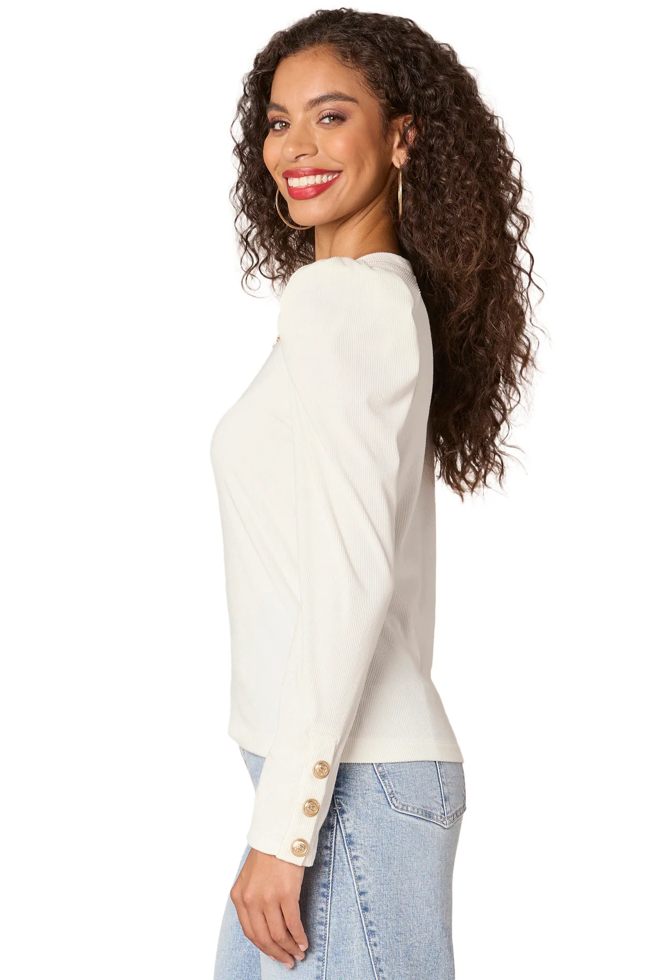 Long Sleeve Crew Neck Button Placket Knit Top with Chain Detail - Image 2