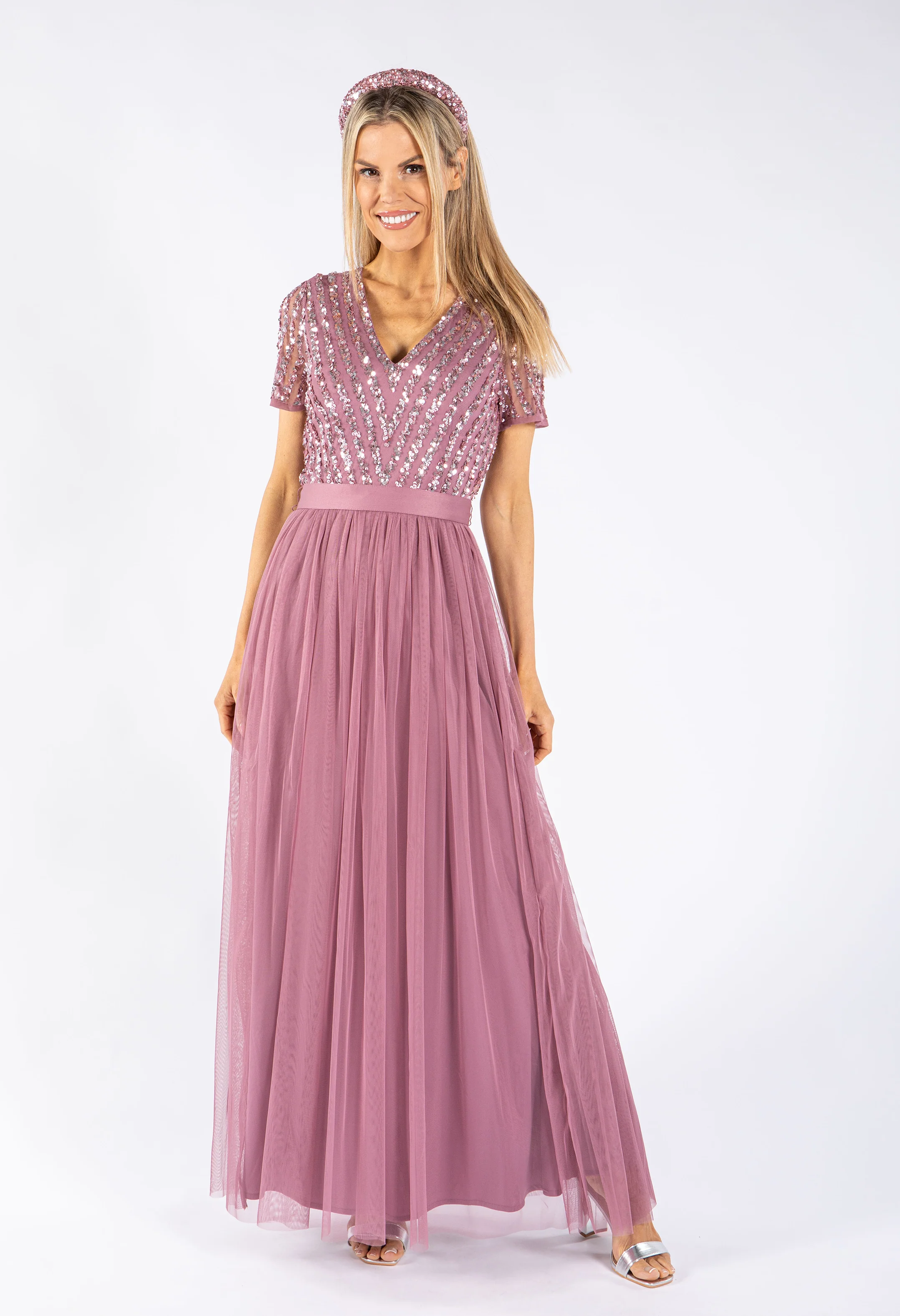 Lotus Pink V NECK SEQUIN AND TULLE DRESS WITH TIE WAIST - Image 4