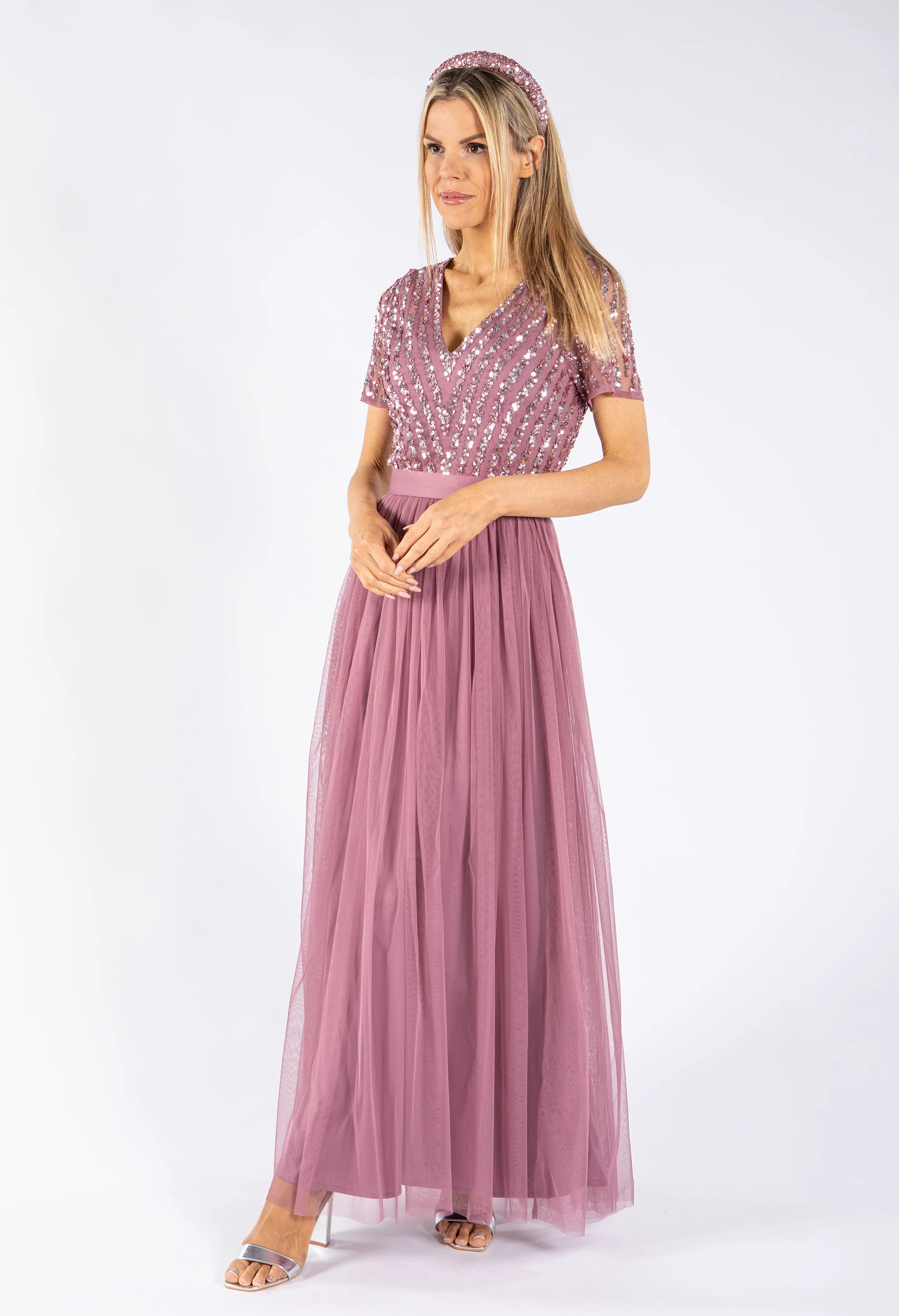 Lotus Pink V NECK SEQUIN AND TULLE DRESS WITH TIE WAIST - Image 5