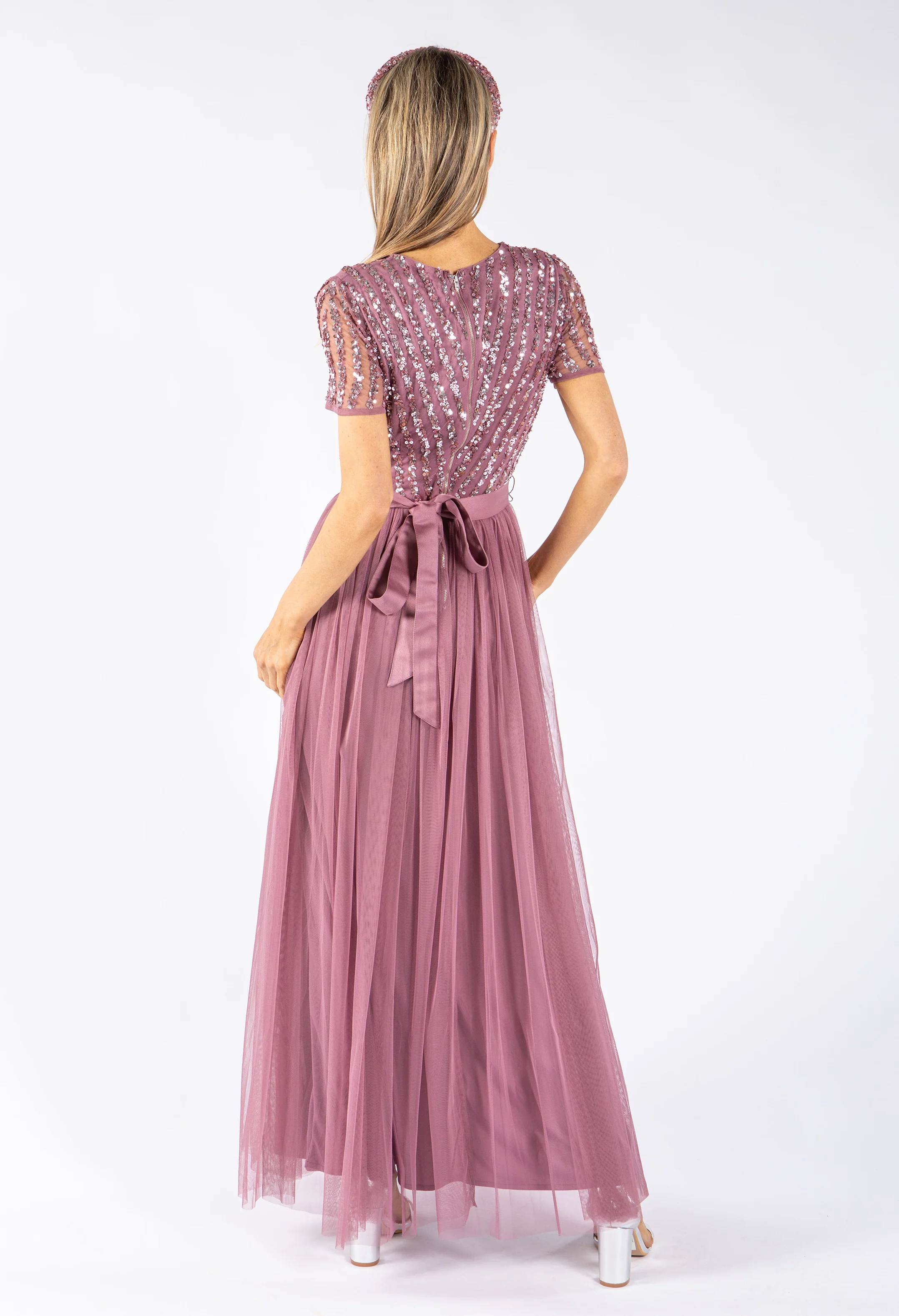 Lotus Pink V NECK SEQUIN AND TULLE DRESS WITH TIE WAIST - Image 6