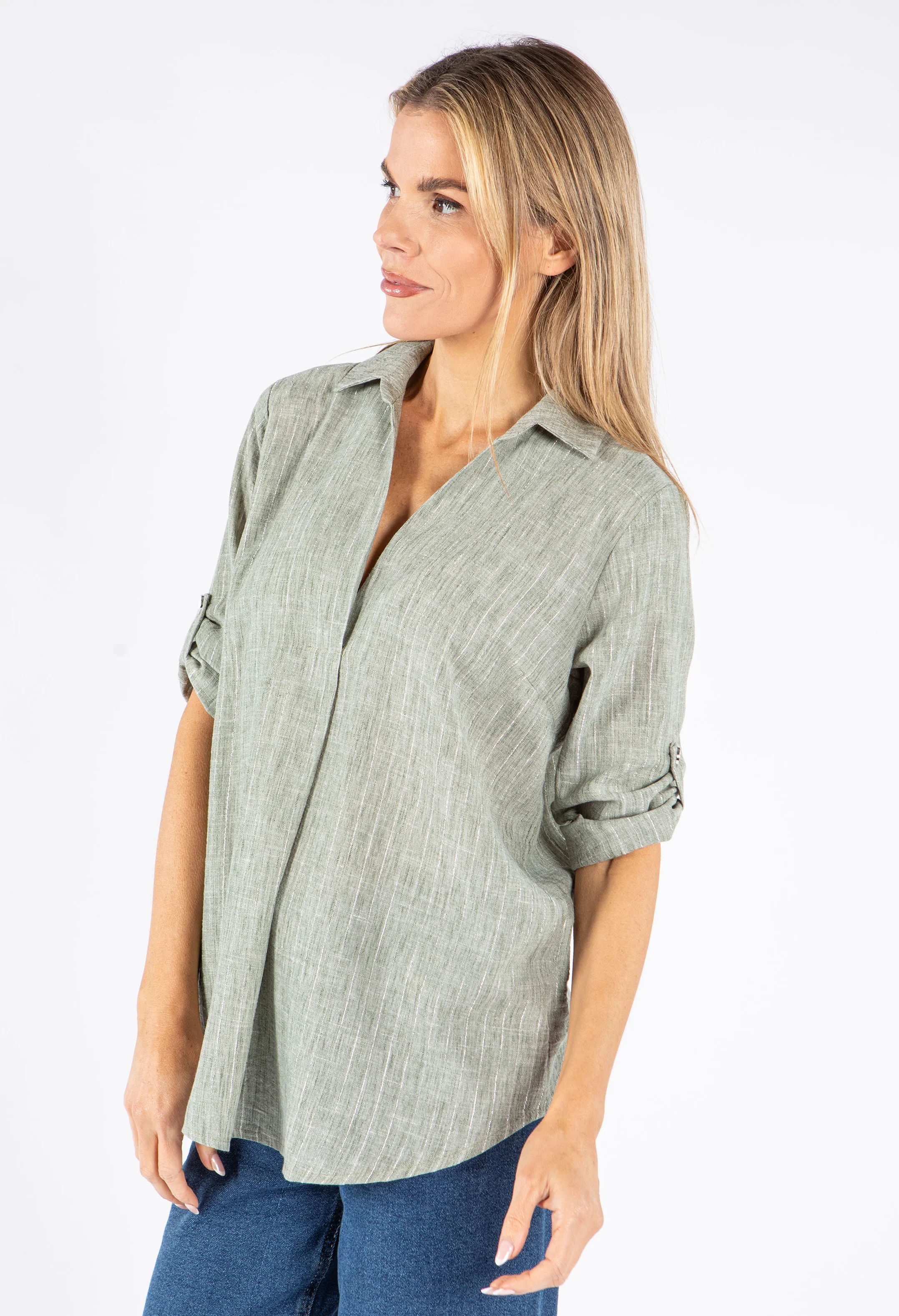 Lurex Pinstripe V Neck Shirt - Image 7