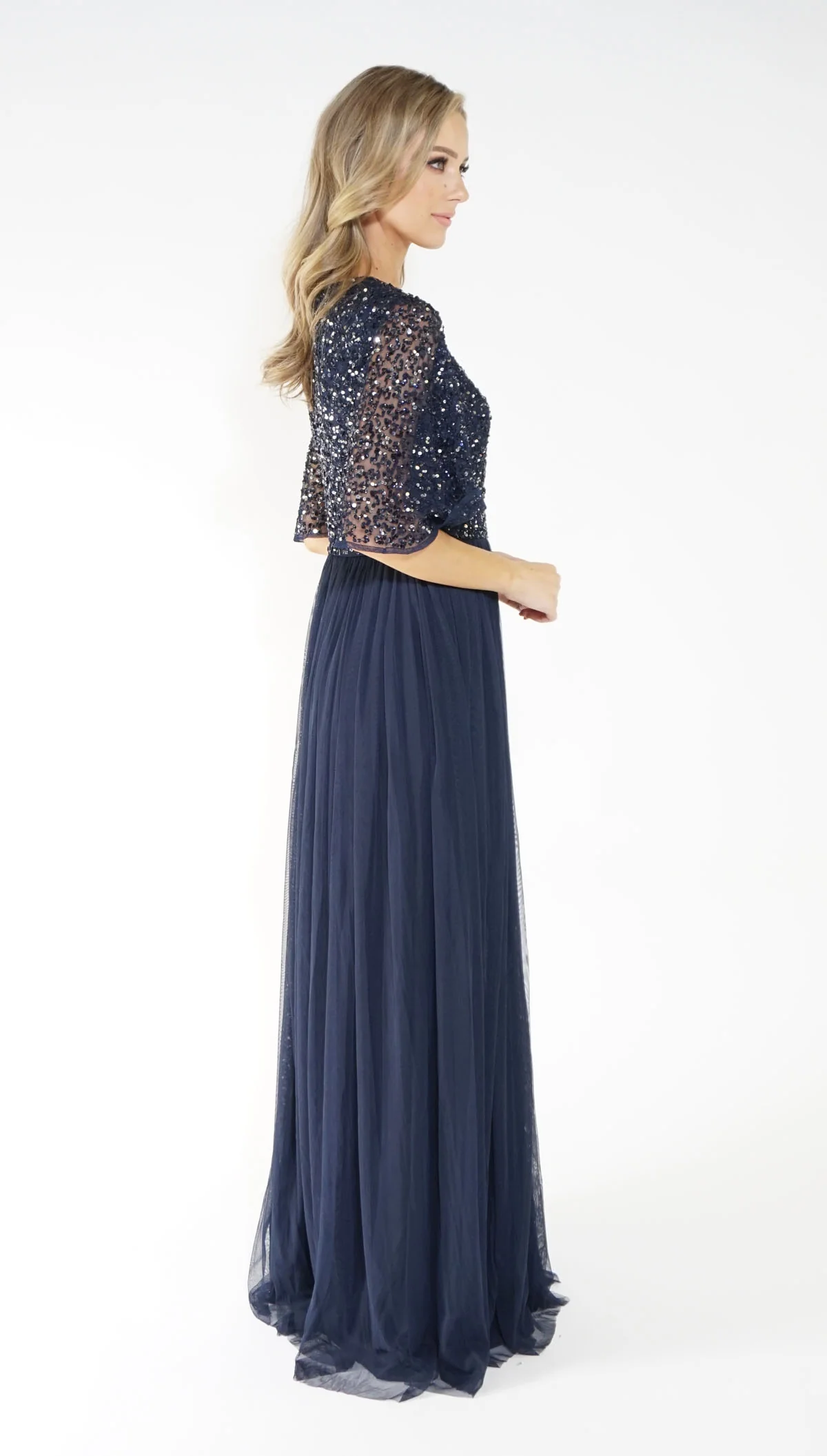 NAVY V NECK TULLE DRESS - Image 4