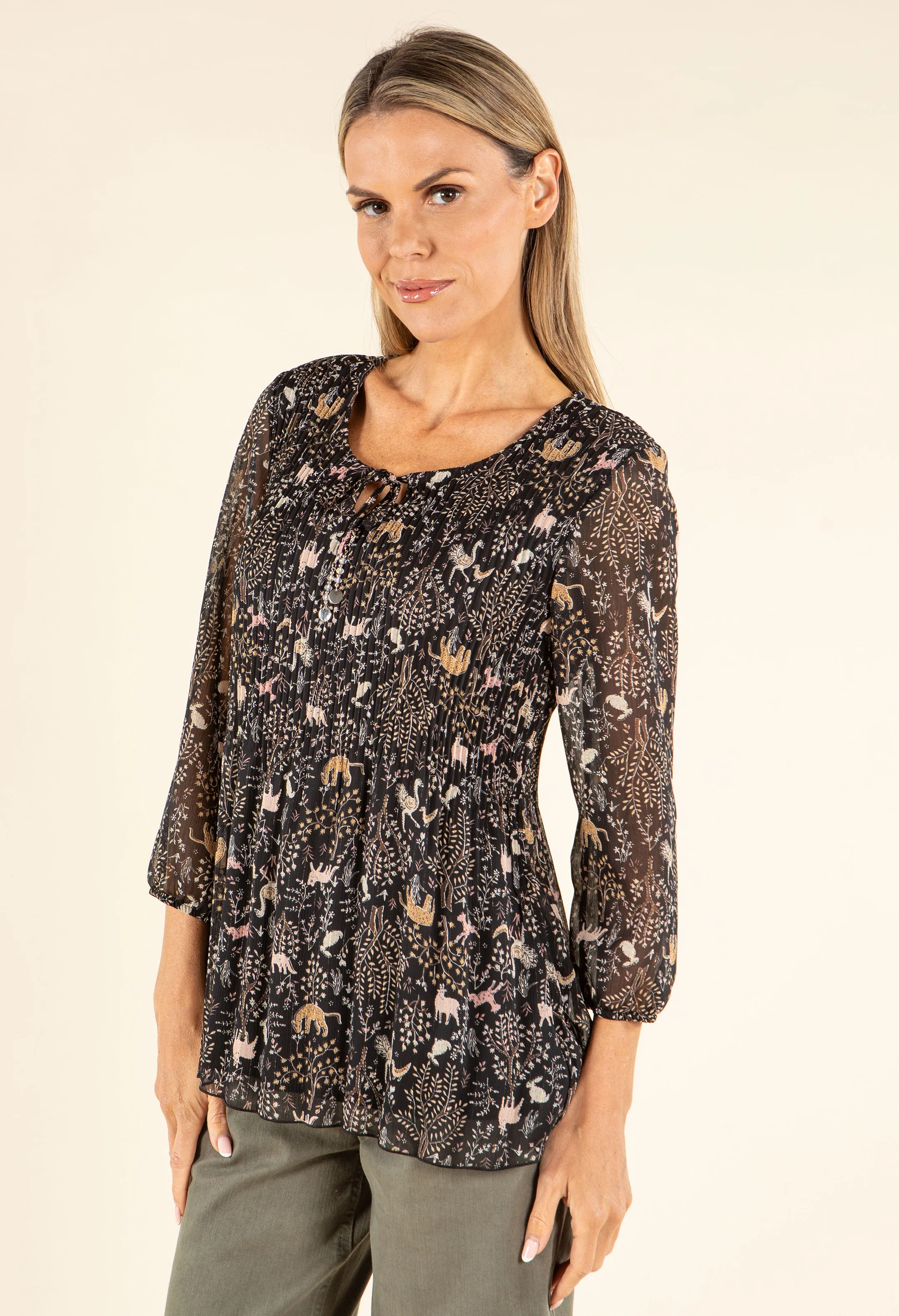 Plisse Pleated Animal Print Blouse - Image 3