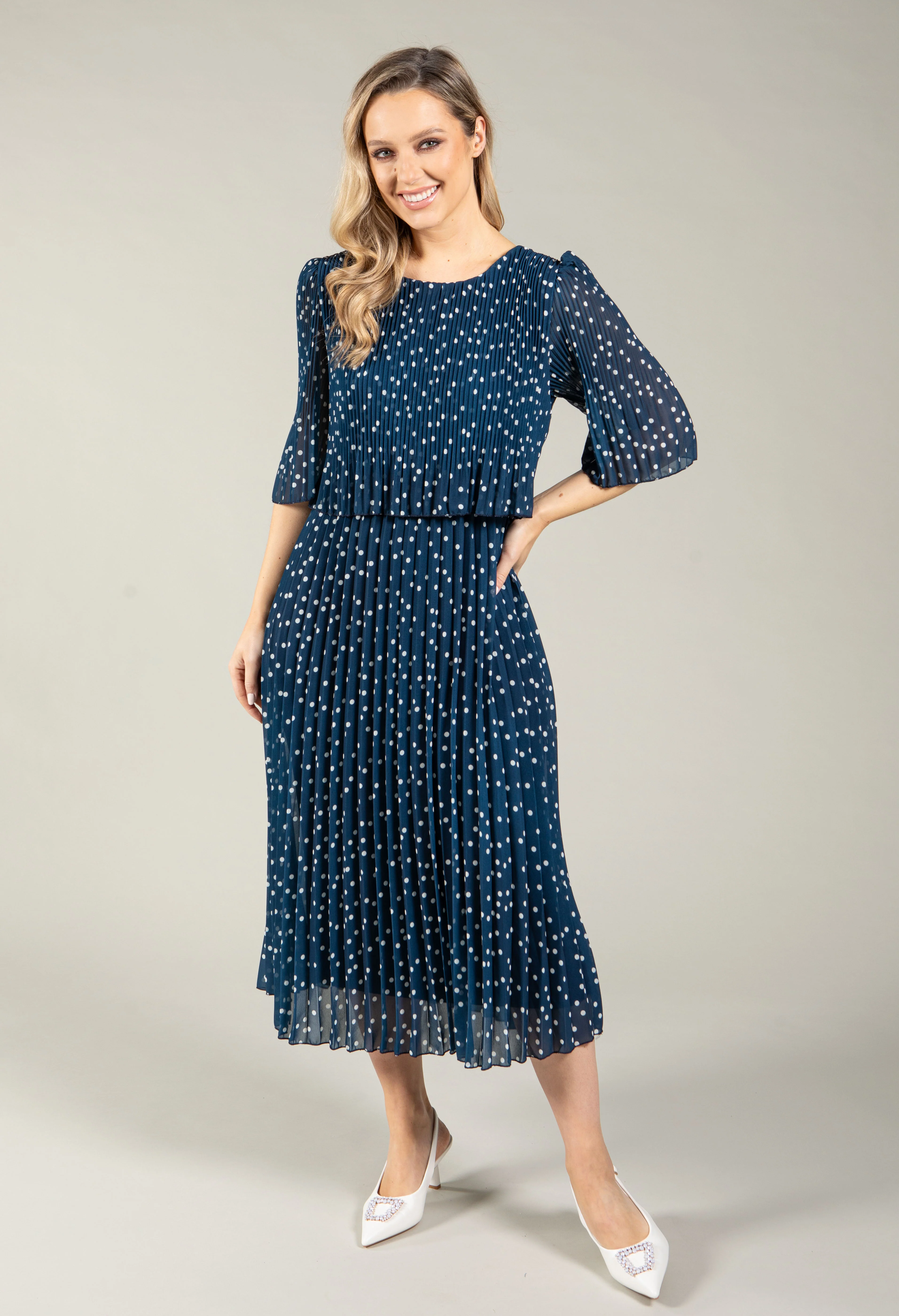 Polka Dot Plisse Pleated Pop Over Dress - Image 2