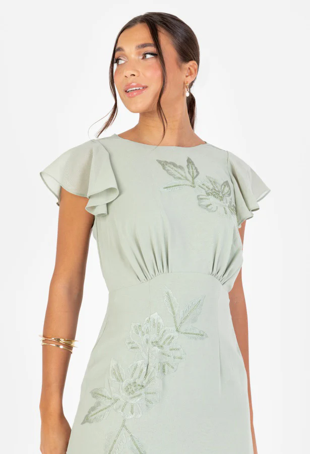 Sage Green Floral Embroidered Cowl Back Maxi Dress - Image 2