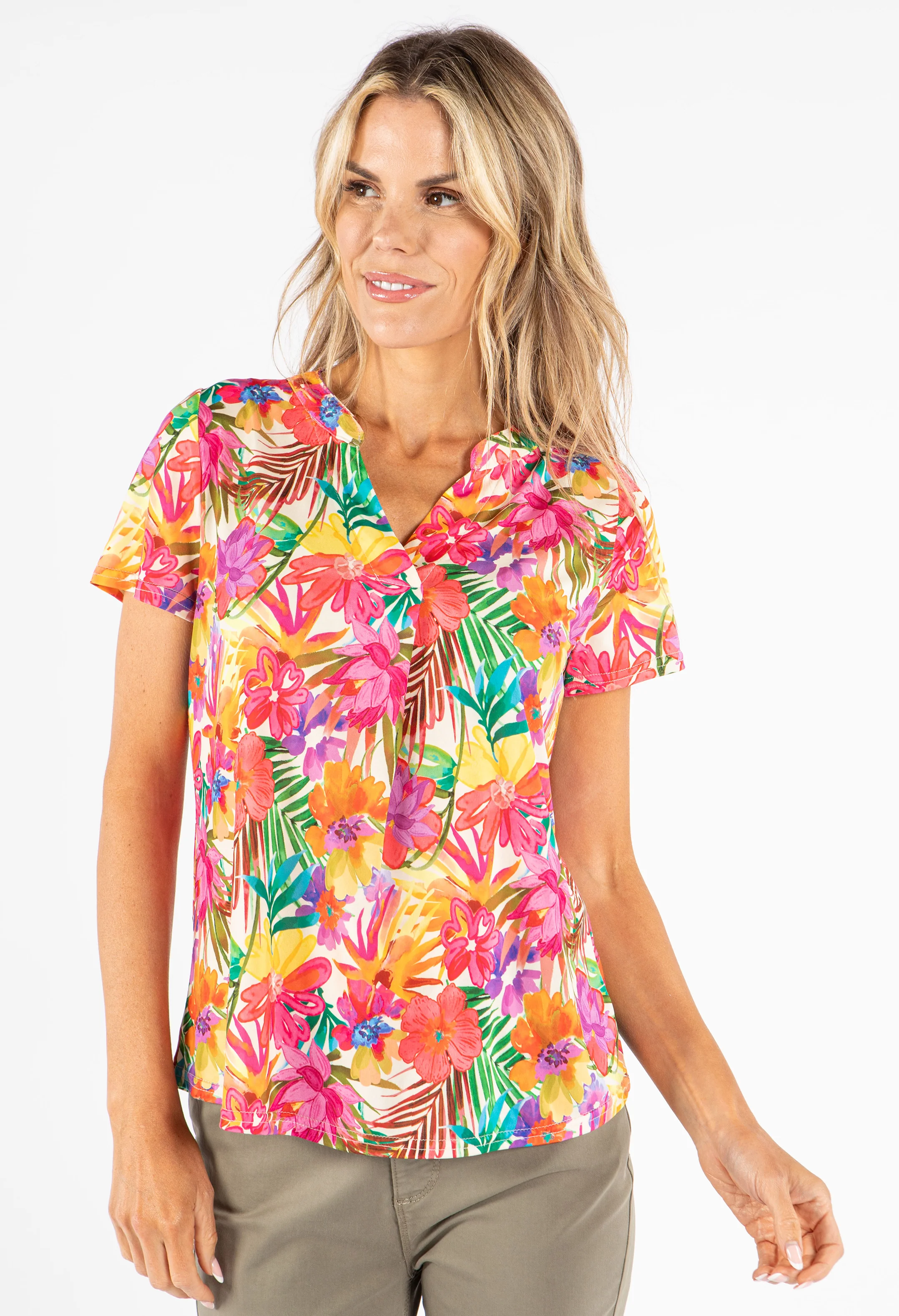 Tropical Print V-Neck Top - Image 2